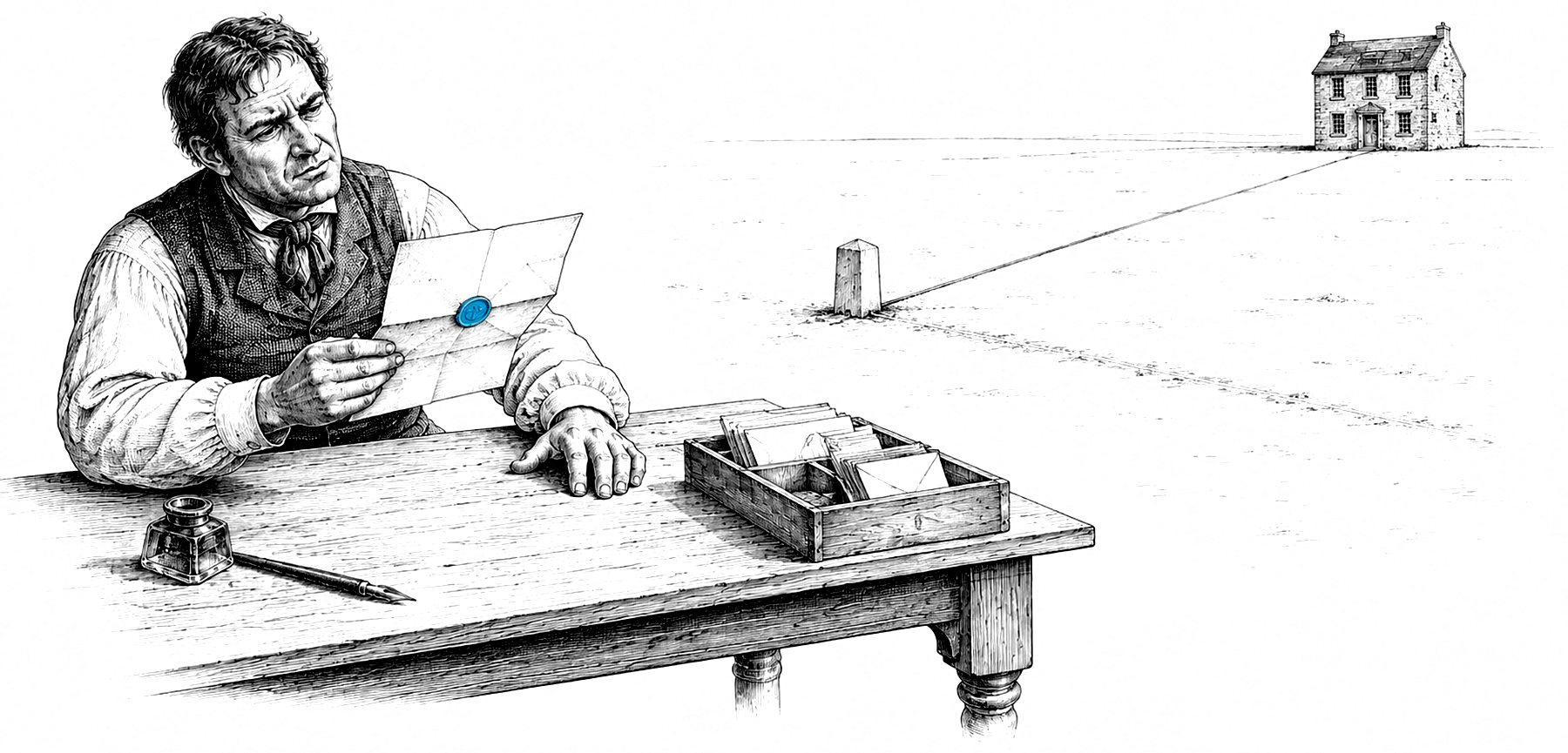 A merchant at his desk studying a sealed letter, with a shut counting-house far away across a boundary line