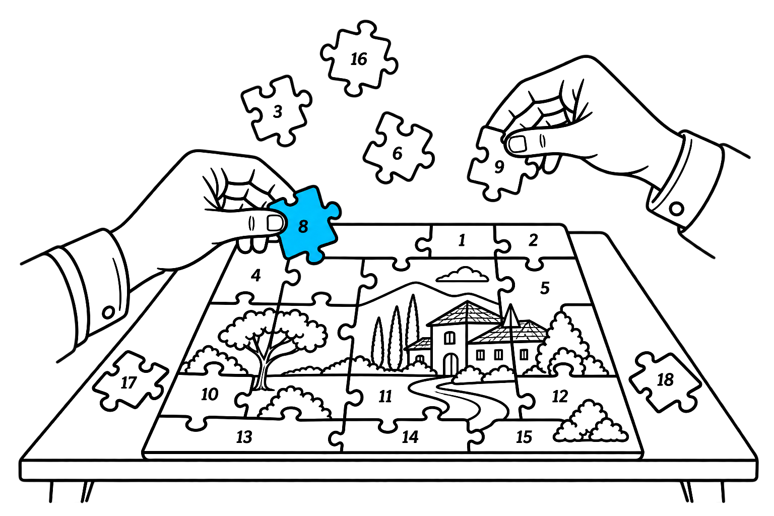 Hands assembling a jigsaw puzzle, one piece picked out in blue