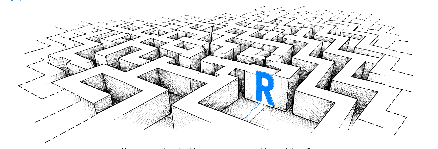 A maze with a single cyan R lost inside it