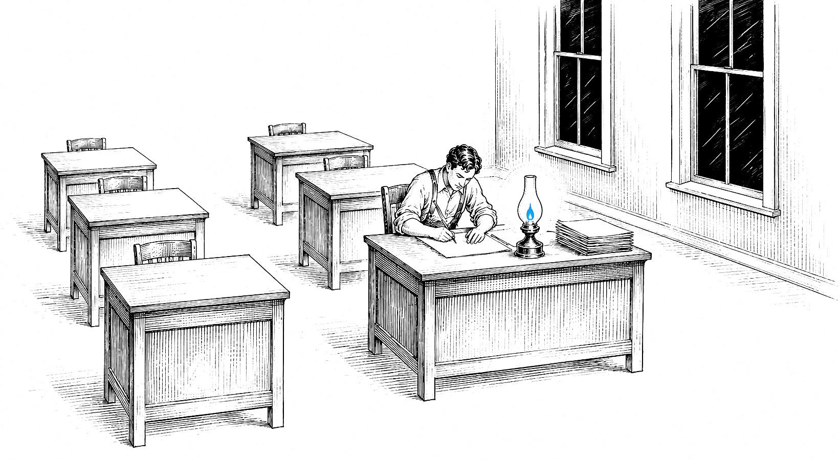 One clerk working alone at a lamp-lit desk in a hall of empty desks