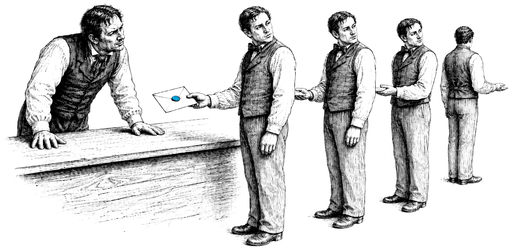 A merchant leaning over a counter, facing a receding line of identical clerks passing one sealed letter forward