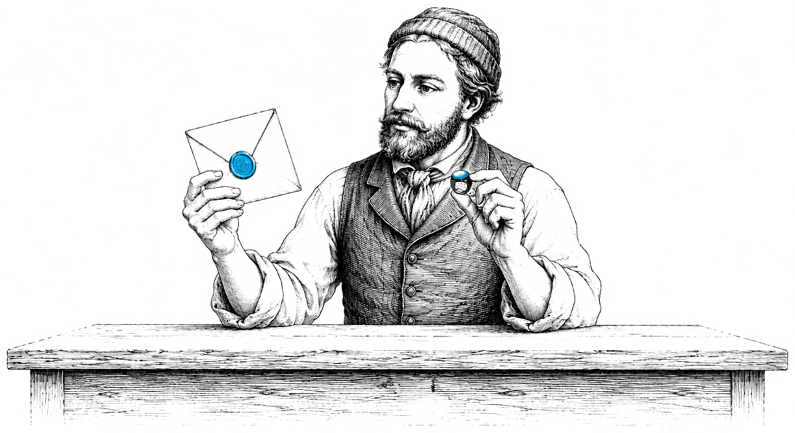 A merchant holding a sealed letter up against the signet ring in his other hand, comparing the two
